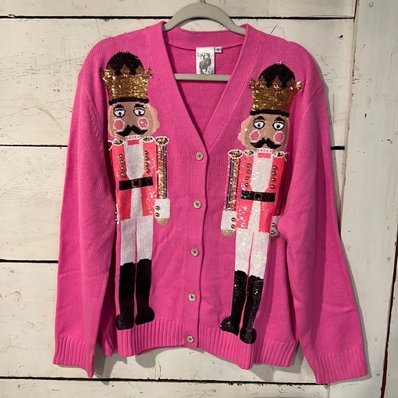QUEEN OF SPARKLES Sweaters - QUEEN OF SPARKLES Vibrant Pink Nutcracker Cardigan